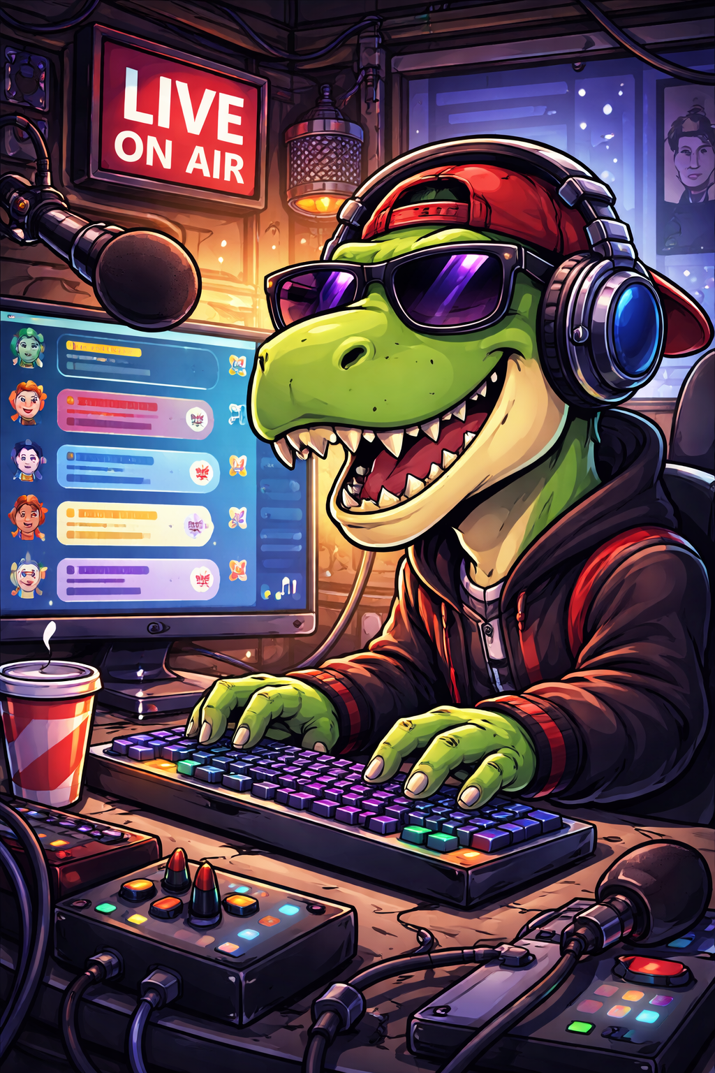 Rexy the T-Rex, the friendly teal dinosaur mascot of Tony Gebhard Radio